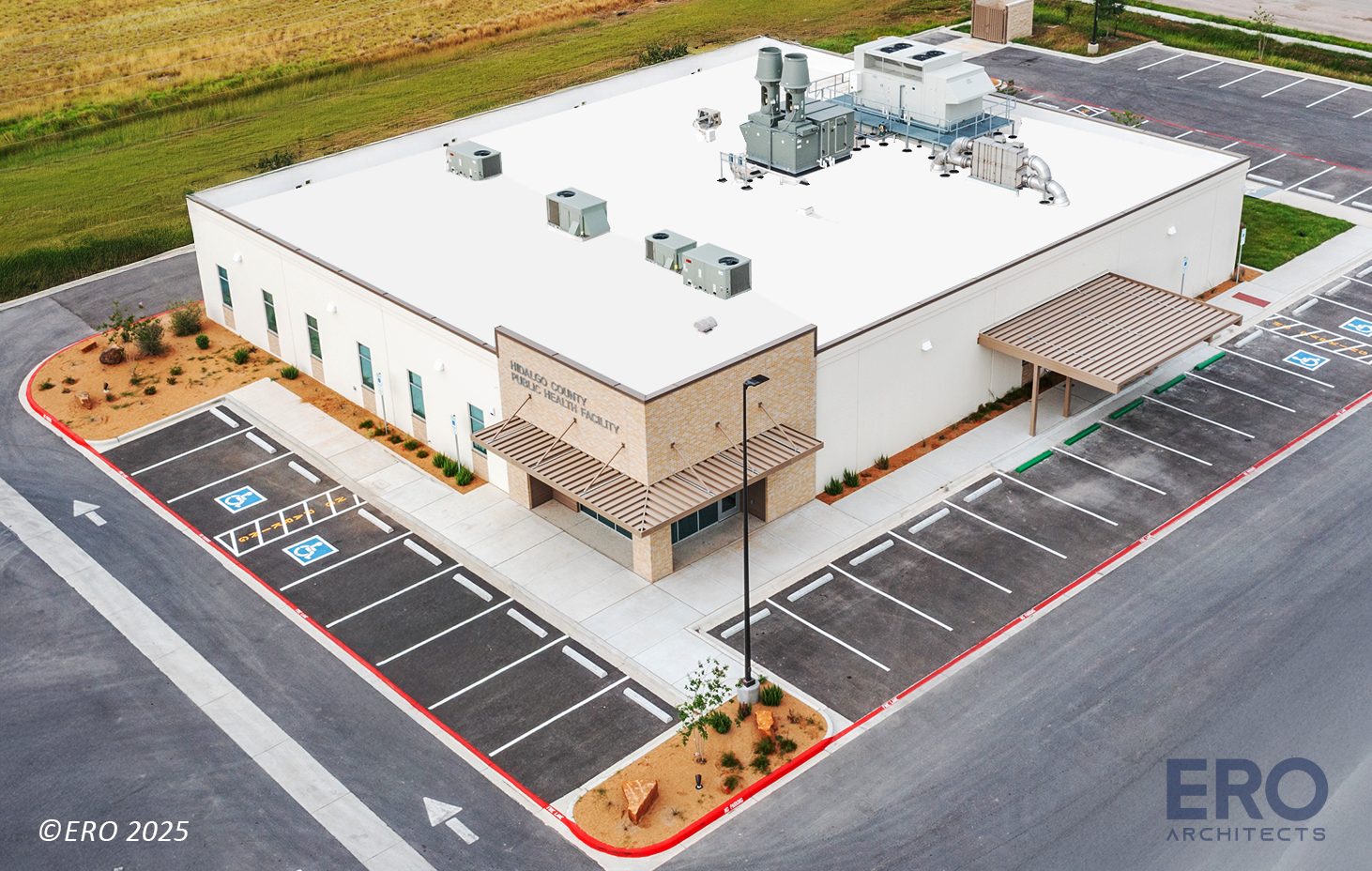 Aerial view of the Hidalgo County Health Department biosafety laboratory in Edinburg, TX, built by E-CON Group