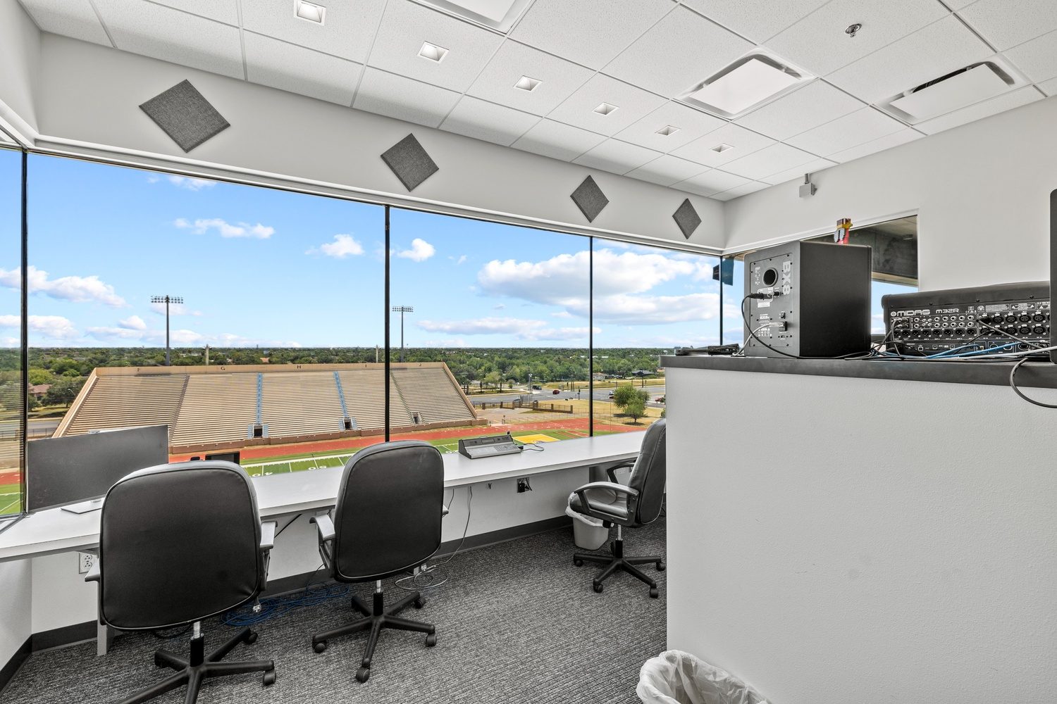 Media and broadcast room inside the McAllen ISD Veterans Memorial press box, constructed by E-CON Group