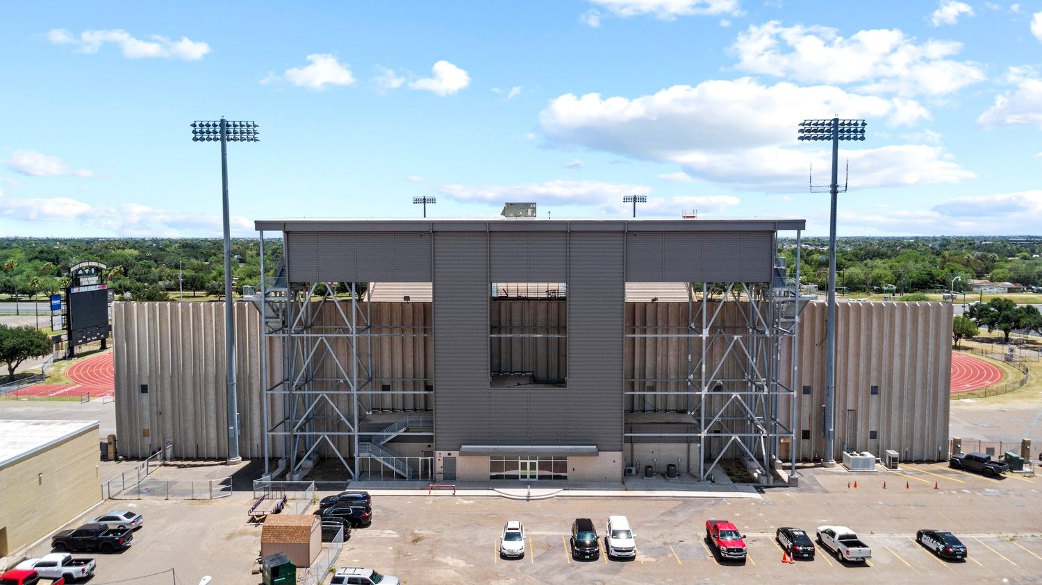 Aerial view of Veterans Memorial Stadium and the new press box in McAllen, TX, built by E-CON Group