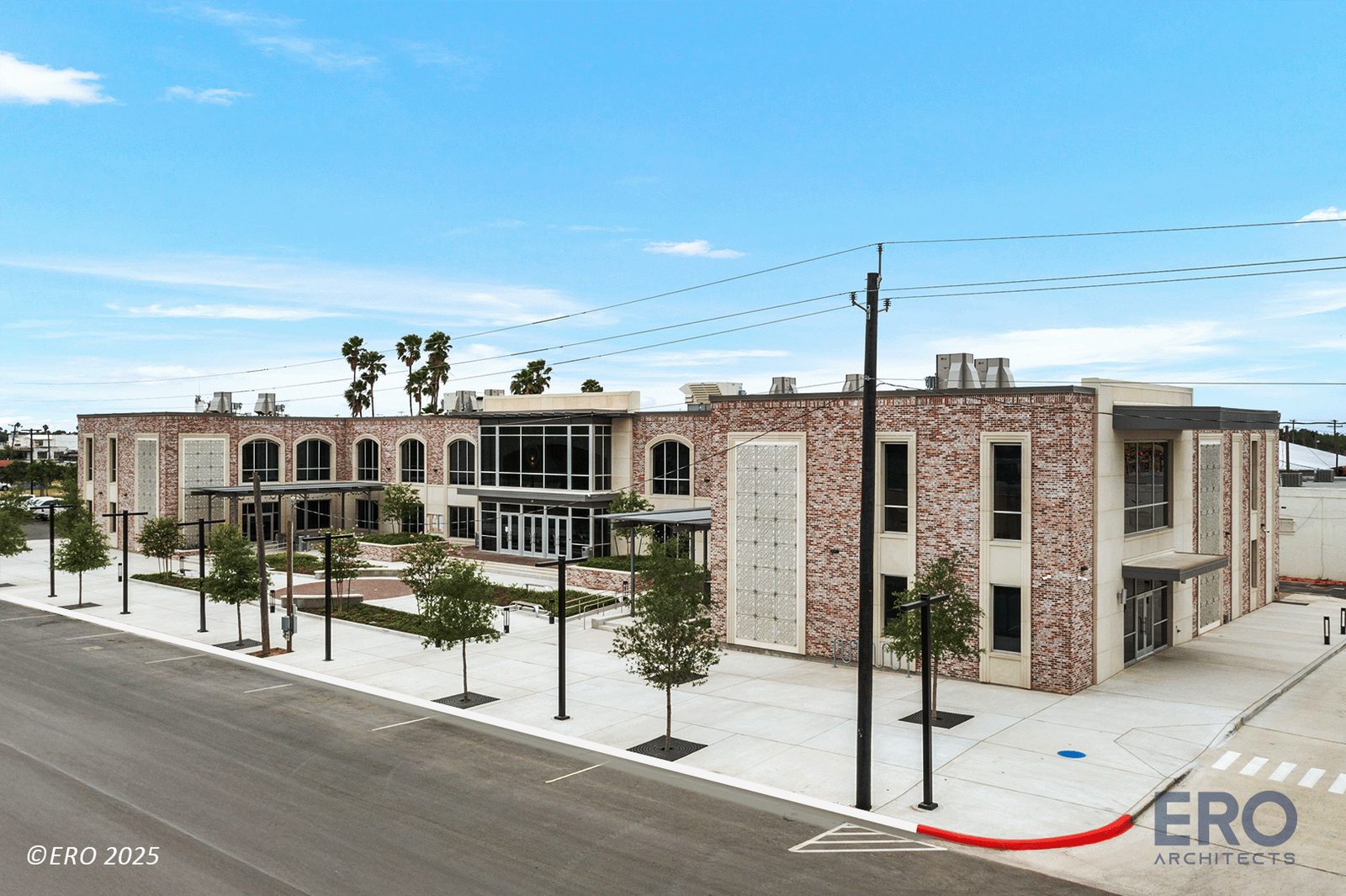 Exterior of the new San Juan City Hall, a brick and cast-stone civic building built by E-CON Group in San Juan, TX, Rio Grande Valley