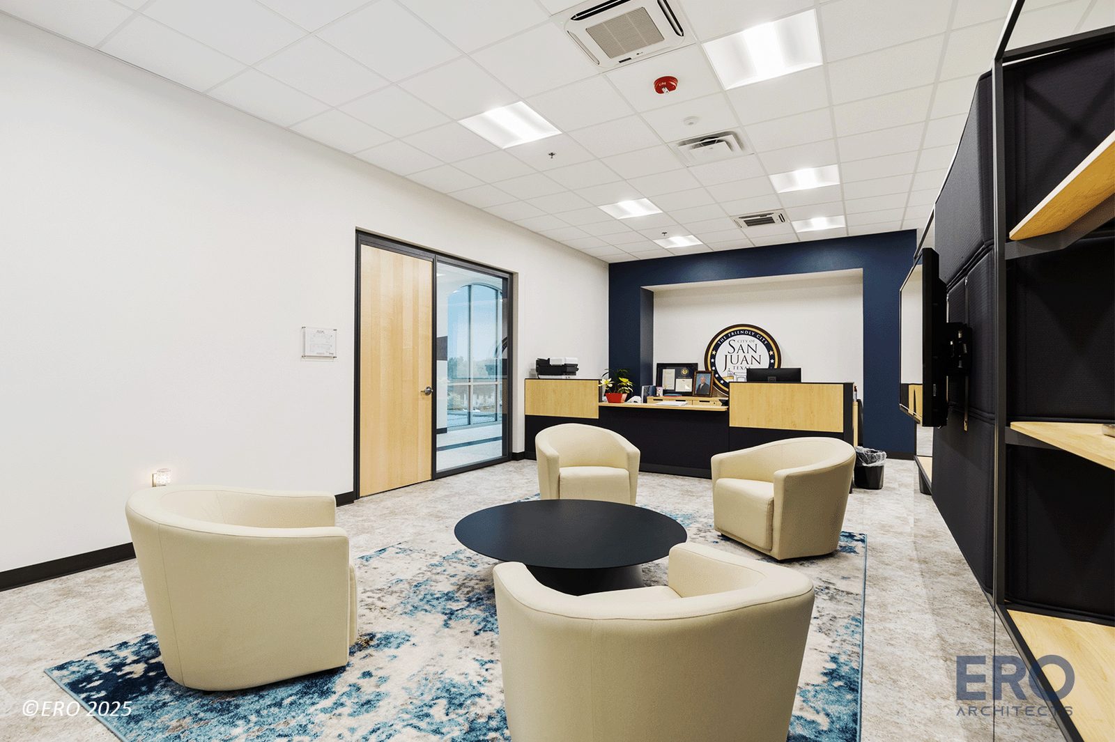 Public lobby seating area at San Juan City Hall, constructed by E-CON Group, Rio Grande Valley, Texas