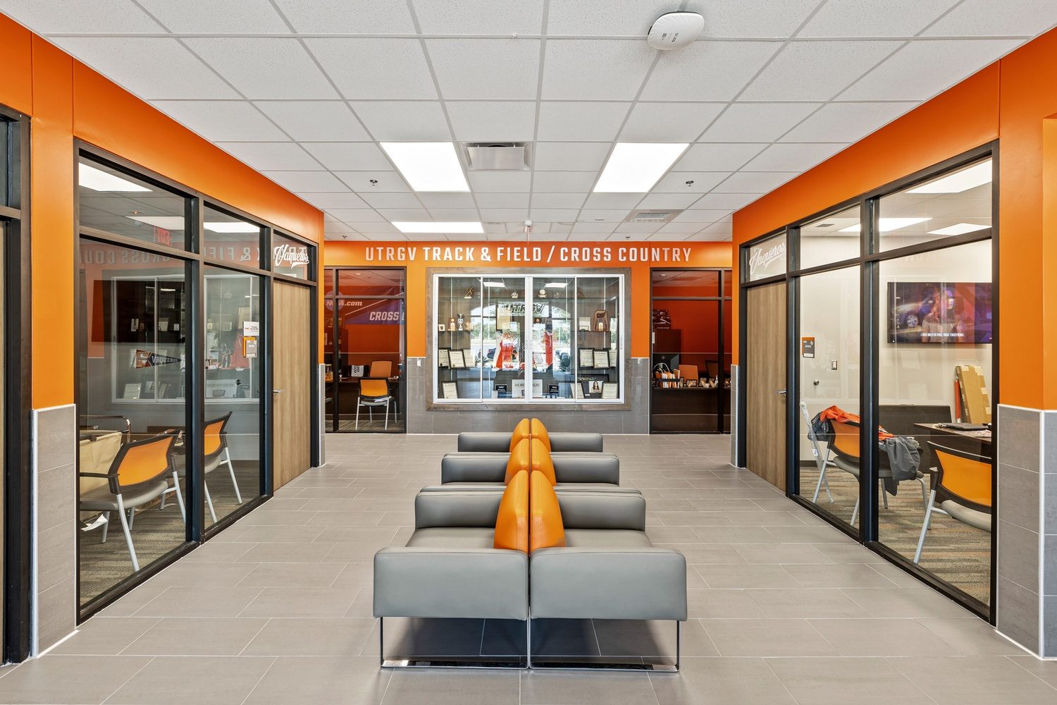 Team lounge inside the UTRGV soccer and track building built by E-CON Group in Edinburg, Texas