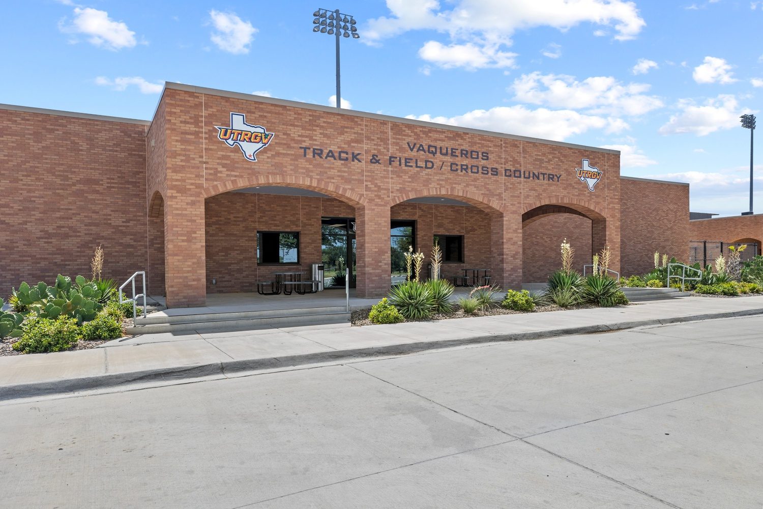 Exterior of the UTRGV soccer and track facilities in Edinburg, TX, built by E-CON Group, Rio Grande Valley