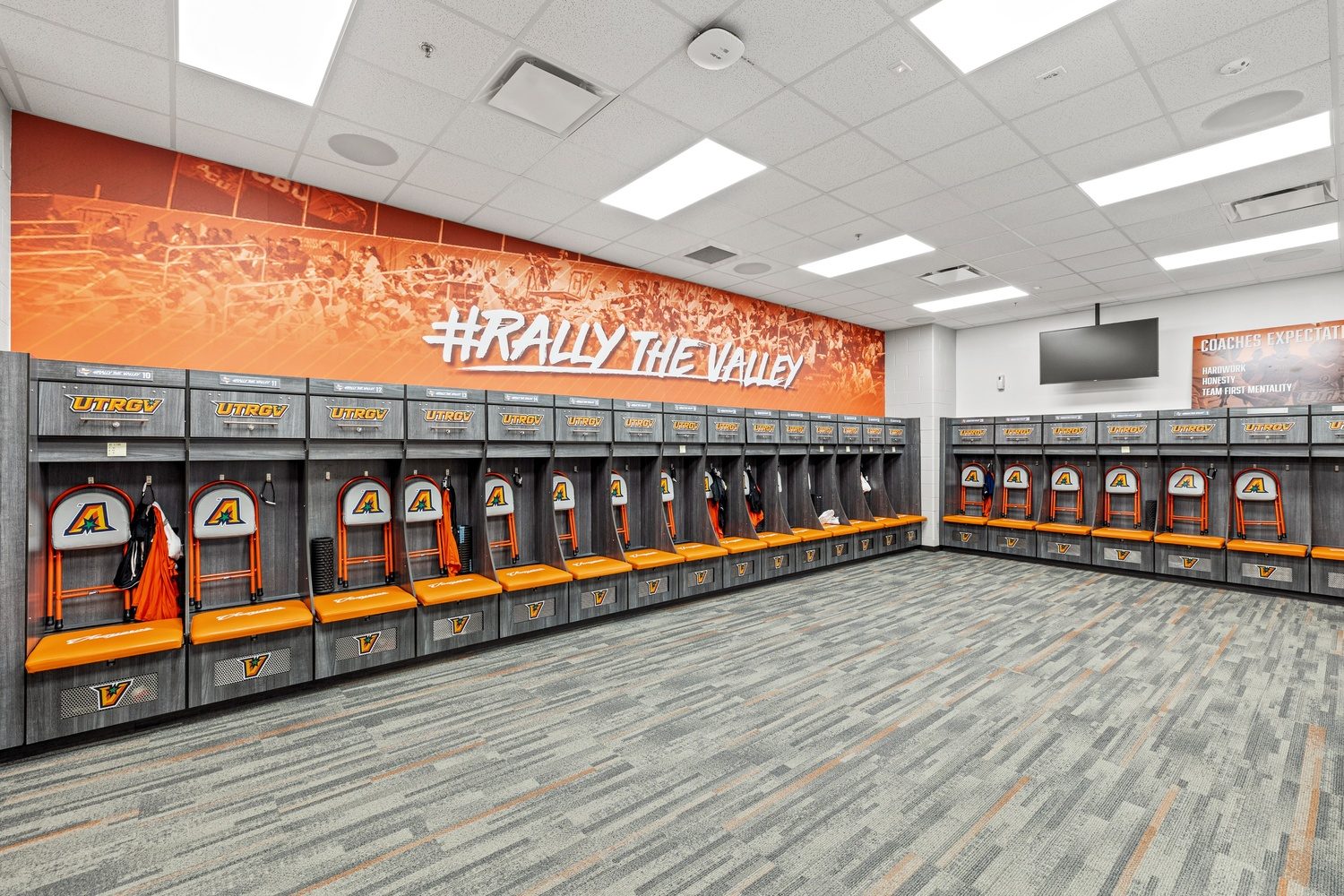 Track and field locker room with Rally the Valley graphic, UTRGV athletics facility built by E-CON Group